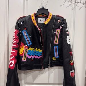 Colorful Embroidered Black Leather Jacket